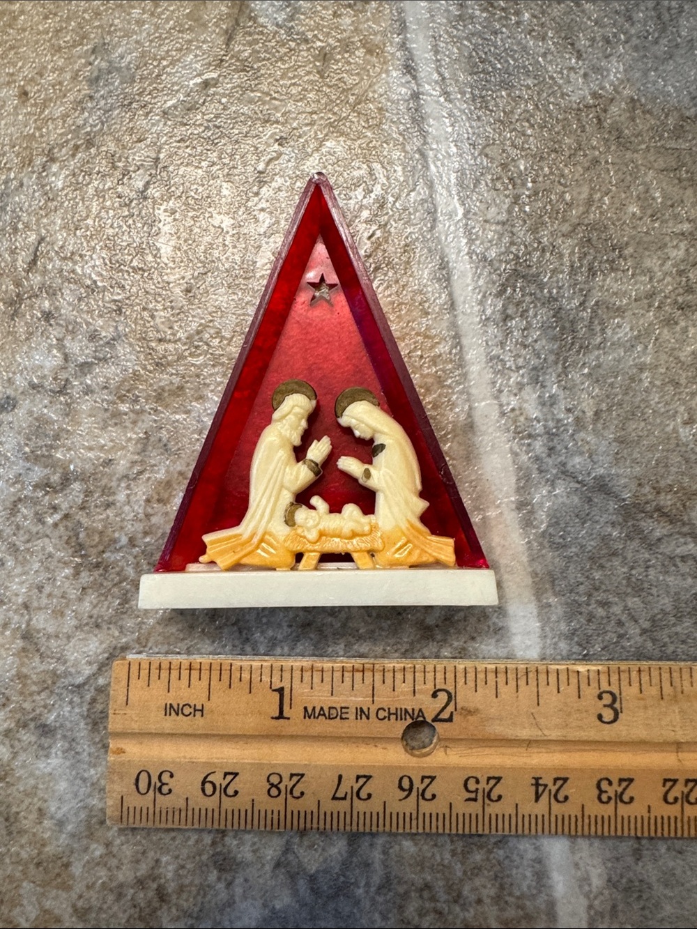 Vintage Holiday Nativity Triangle Ornament - Red and Cream